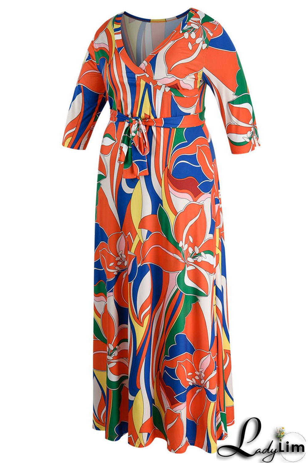 Purplish Blue Casual Print Bandage Patchwork V Neck Plus Size Dresses