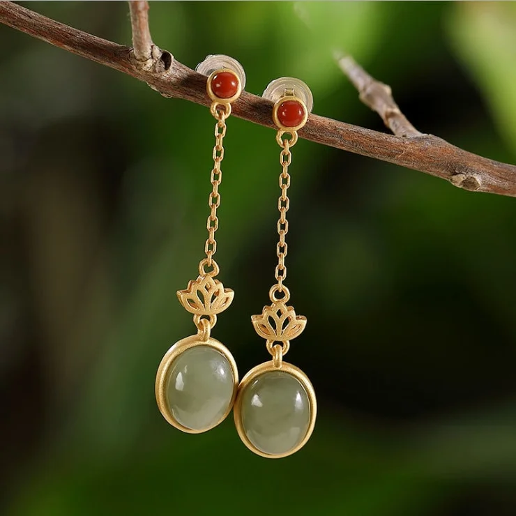 Independent design ancient gold craftsmanship natural Hetian jade oval long lotus earrings luxury and elegant girl jewelry