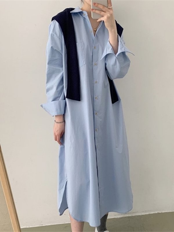 Simple Urban Loose Solid Color Shirt Dress Midi Dress