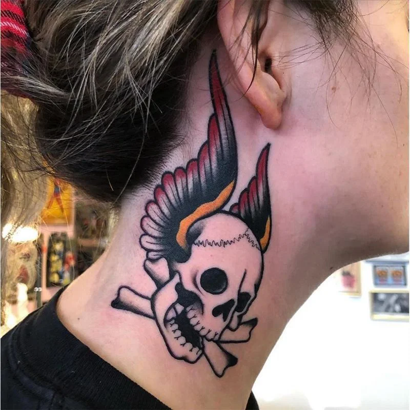 Color Skull Wing Temporary Tattoo Sticker Waterproof Men and Women Dark Personality Fake Tattoo Neck Ankle Totem Tattoo Sticker