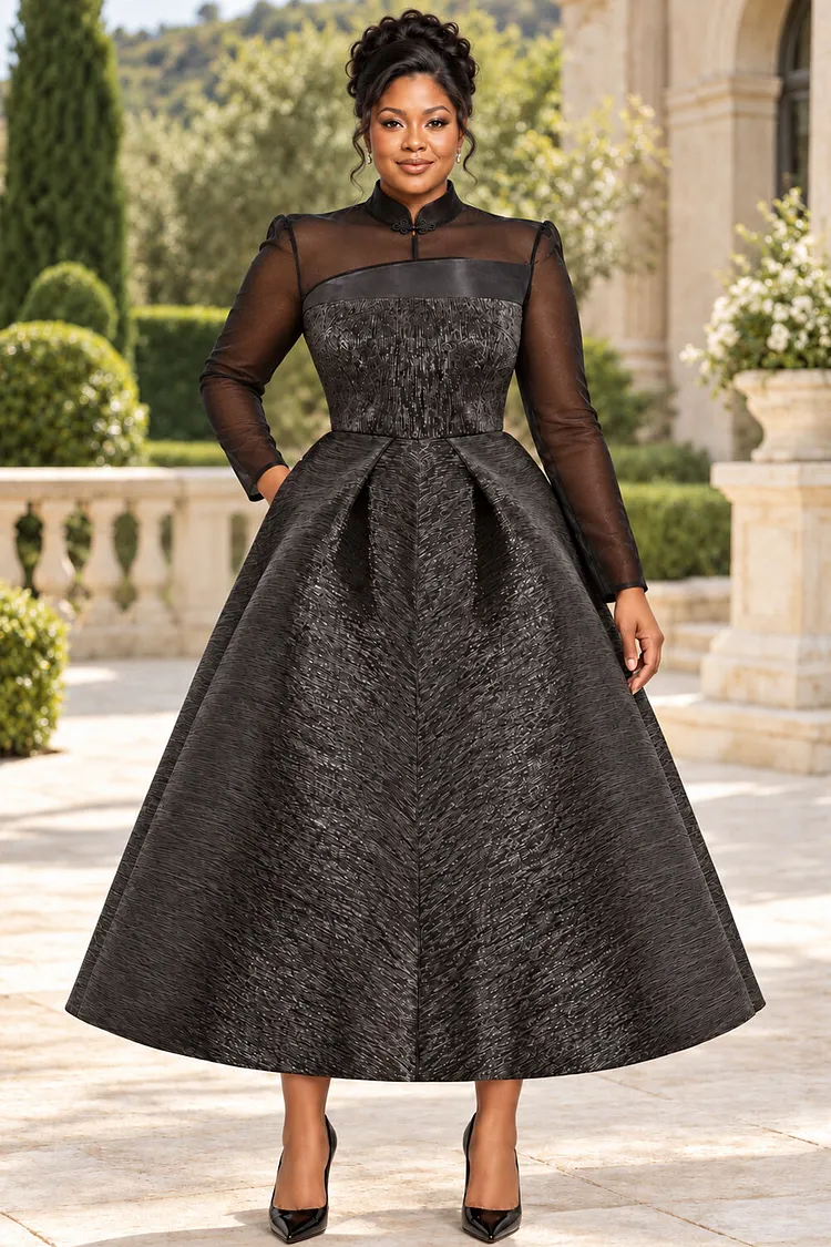 Xpluswear Design Plus Size Cocktail Party Black Stand-Up Collar Long Sleeve See Through Contrast Midi Dresses [Pre-Order] 2024 - Xpluswear