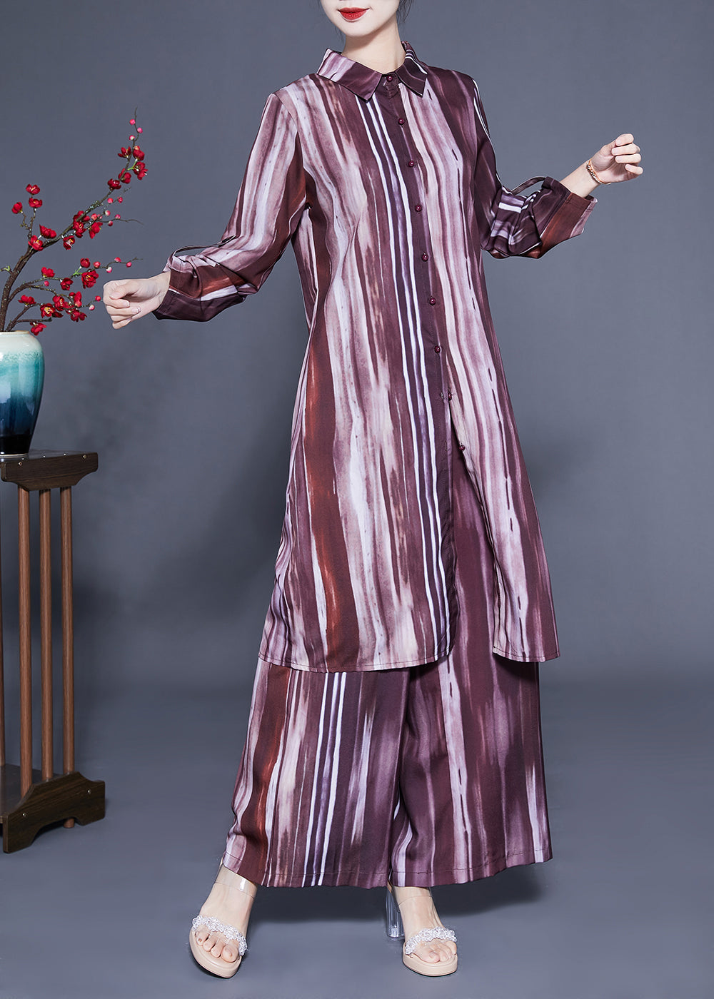 VCSHOES Plus Size Brown Peter Pan Collar Tie Dye Silk Long Shirt And Straight Pants Two Pieces Set Spring
