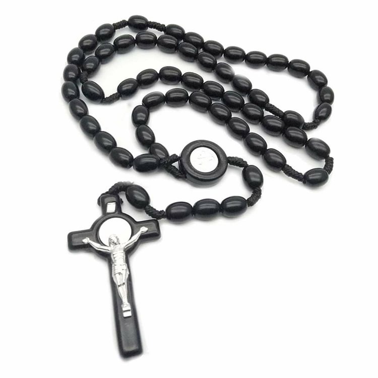 Wooden Beads Rosary Cross Pendant Necklace