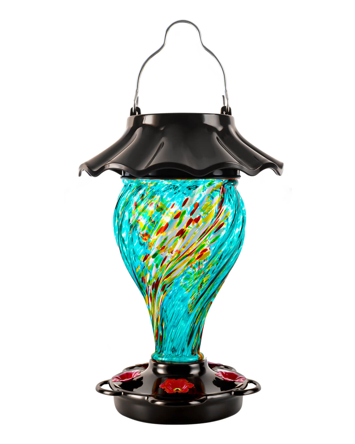 LUJII Solar Hummingbird Feeder for Outdoors Hanging, Hand Blown Glass Reservoir with 42 fl.oz, RGB Lights with 2 Optional Mode, Never Leak, Illuminated Lantern for Garden Decor, Gift for Women (Teal)