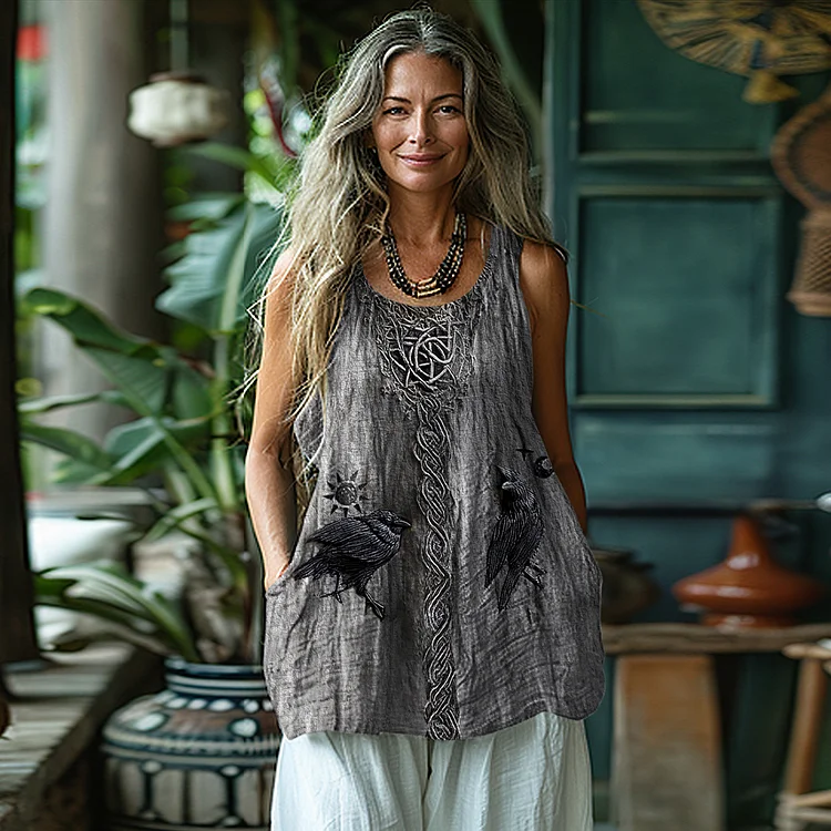 Women's Tribal Raven Celtic Mythology Graphics Cotton And Linen Tank Top