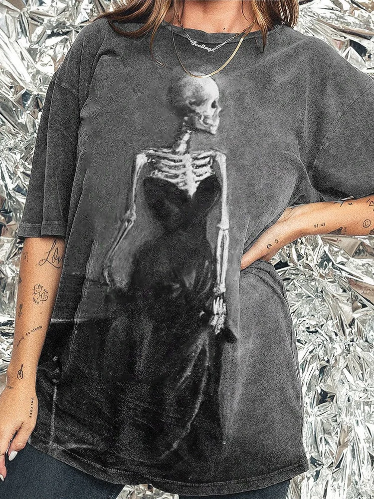 Women's Skull Art Print Crew Neck Causl Shirt