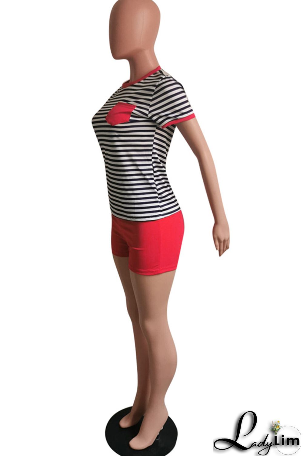 Fluorescent Green Fashion Casual Striped Print Patchwork O Neck Short Sleeve Two Pieces