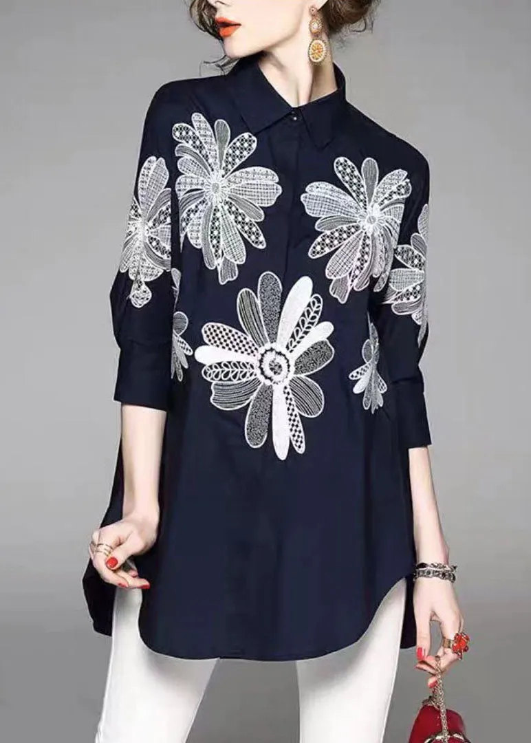 handmade blue peter pan collar embroidered asymmetrical design cotton long shirt half
