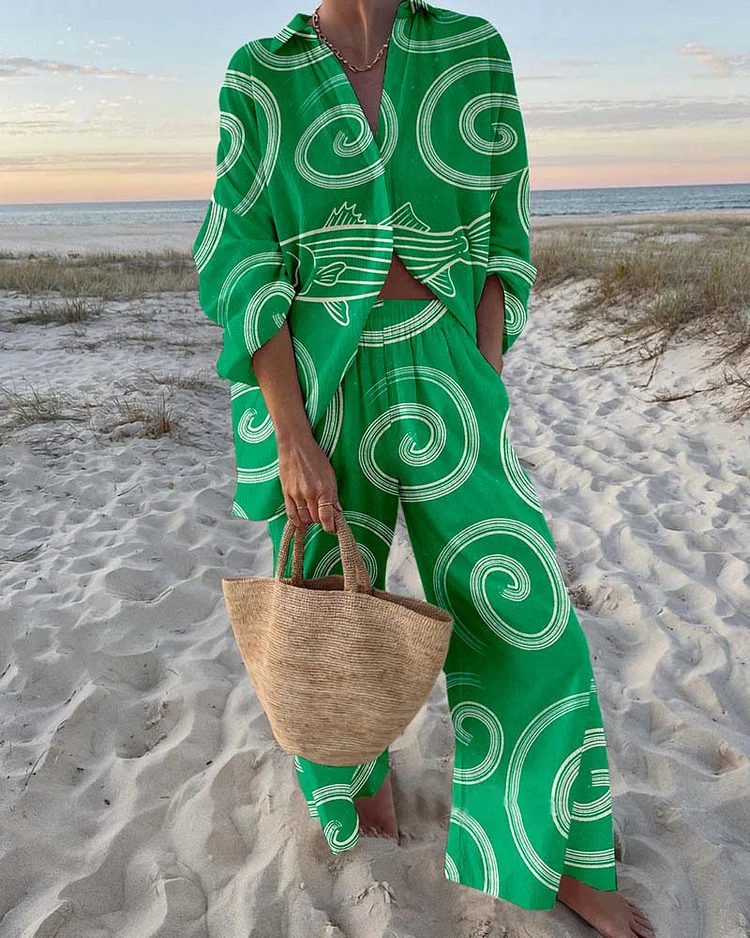 Weird Striped Fish Print Two-Piece Set
