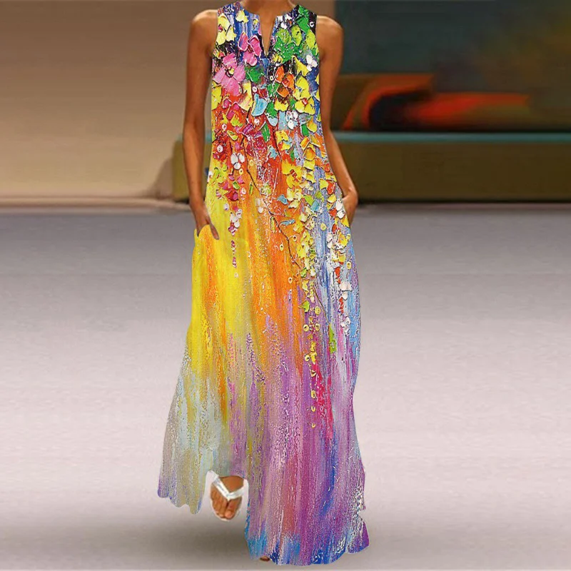 Casual Oil Painting Floral Print Maxi Dress
