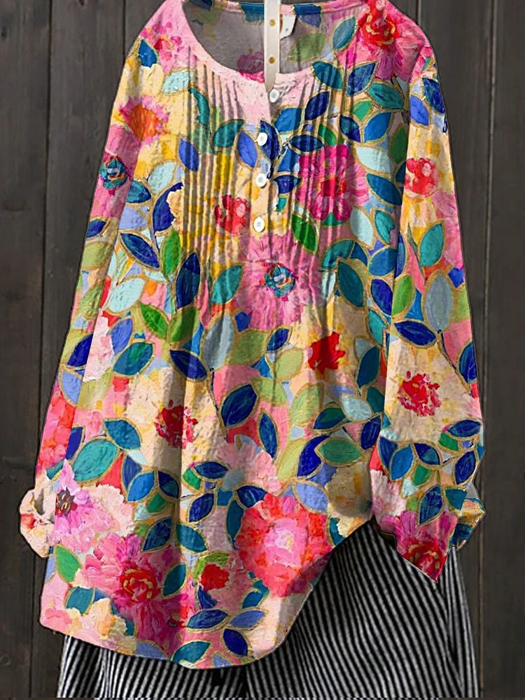 Women's Colorful Flower Print Casual Cotton And Linen Shirt