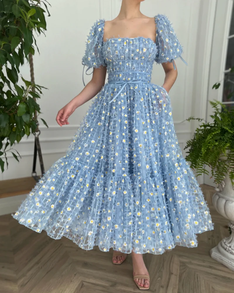 tulle daisy print dress evening gown