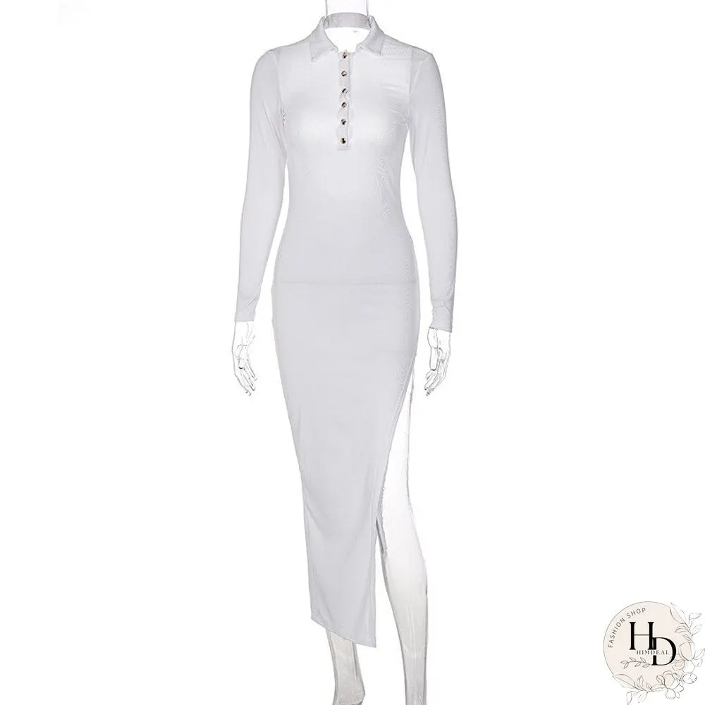 Womens New Autumn Fashion Buckle Lapel Backless Vintage Dress Long Sleeve Slit Woman