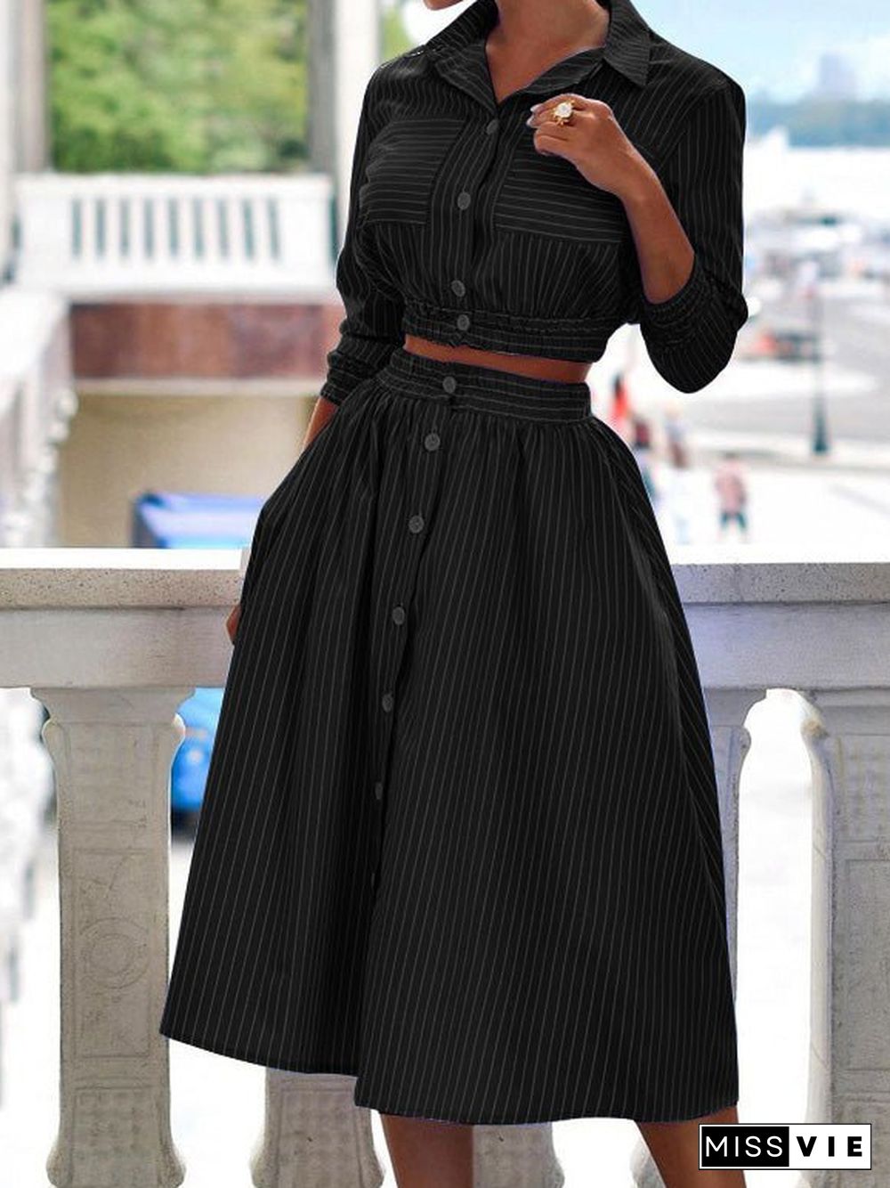 Women'S Sets Long Sleeve Striped Shirt & Skirt Two-Piece Set