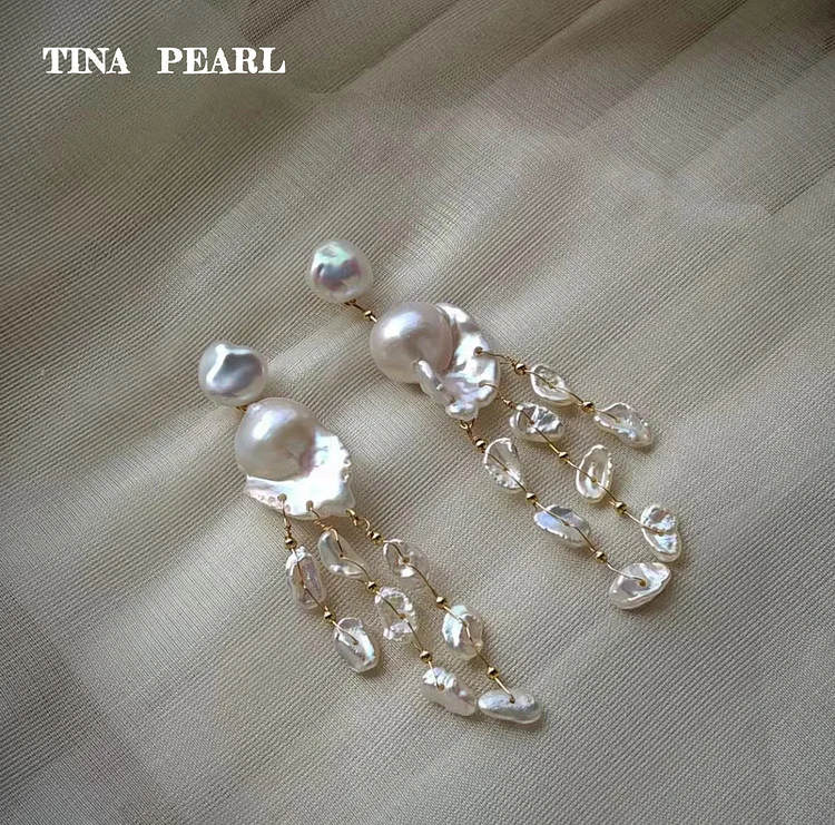 2025 TINA Jewelry Freshwater pearl design Baroque tassel stud earrings