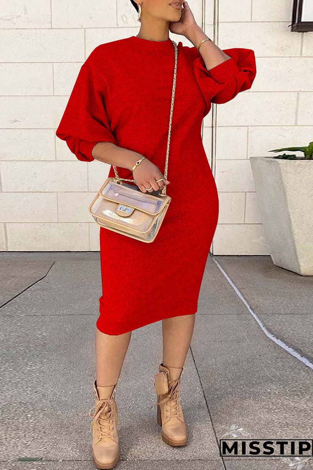 Brown Casual Solid Basic O Neck Long Sleeve Dresses