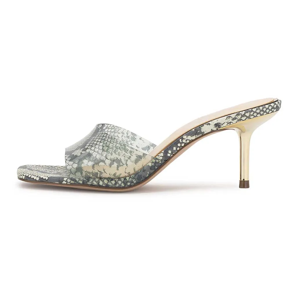 Grey & Ivory Python Print Open Toe Stiletto Heel Clear Slide Sandals