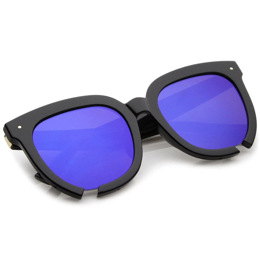 Oversize Notch Detail Square Colored Mirror Flat Lens Horn Rimmed glasses 54mm