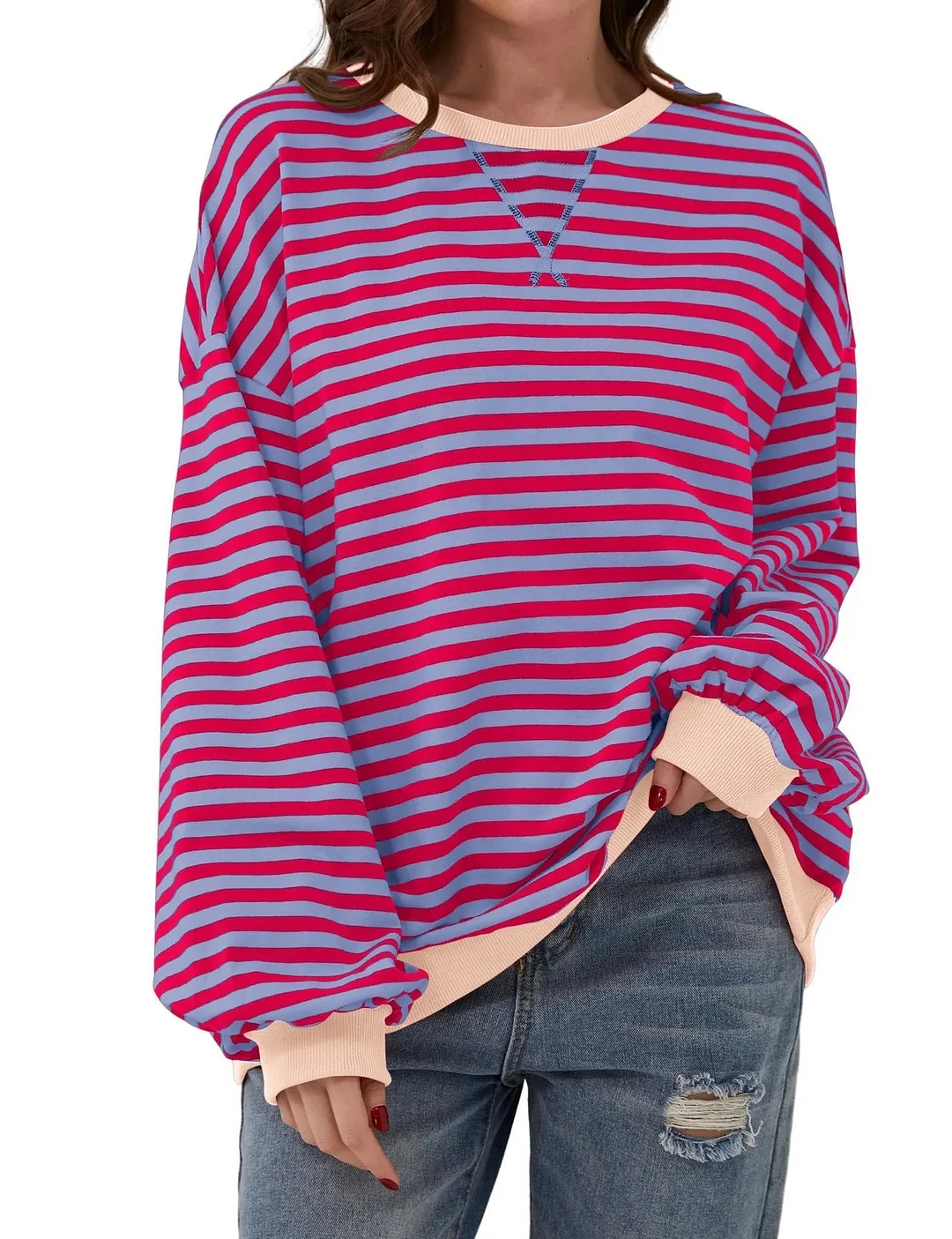 Women's Casual Stripe Colorblock Pattern Round Neck Long Sleeve Pullover T-Shirt 