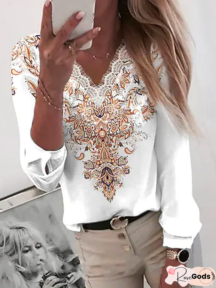 V Neck Vacation Ethnic Tops