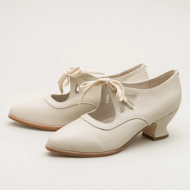 Ivory Retro Lace-Up Pumps with Spool Heels   in Vintage Style Vdcoo