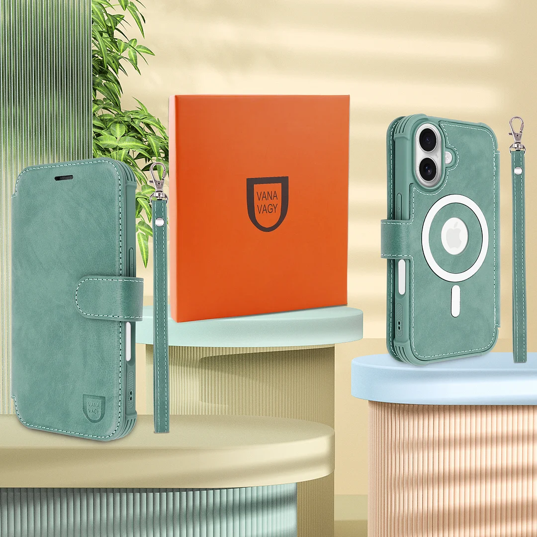 VANAVAGY Compatible for iPhone 16 Wallet Case for Magsafe Wireless Charging,Leather Flip Folio Wrist [Glass Screen Protectors & Camera Lens Protectors] with RFID Block Card Holder