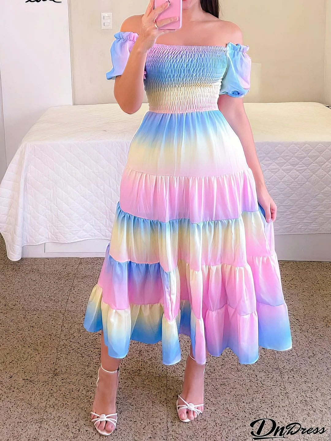 Women's Dresses One-Shoulder Rainbow Striped Short Sleeve Dress