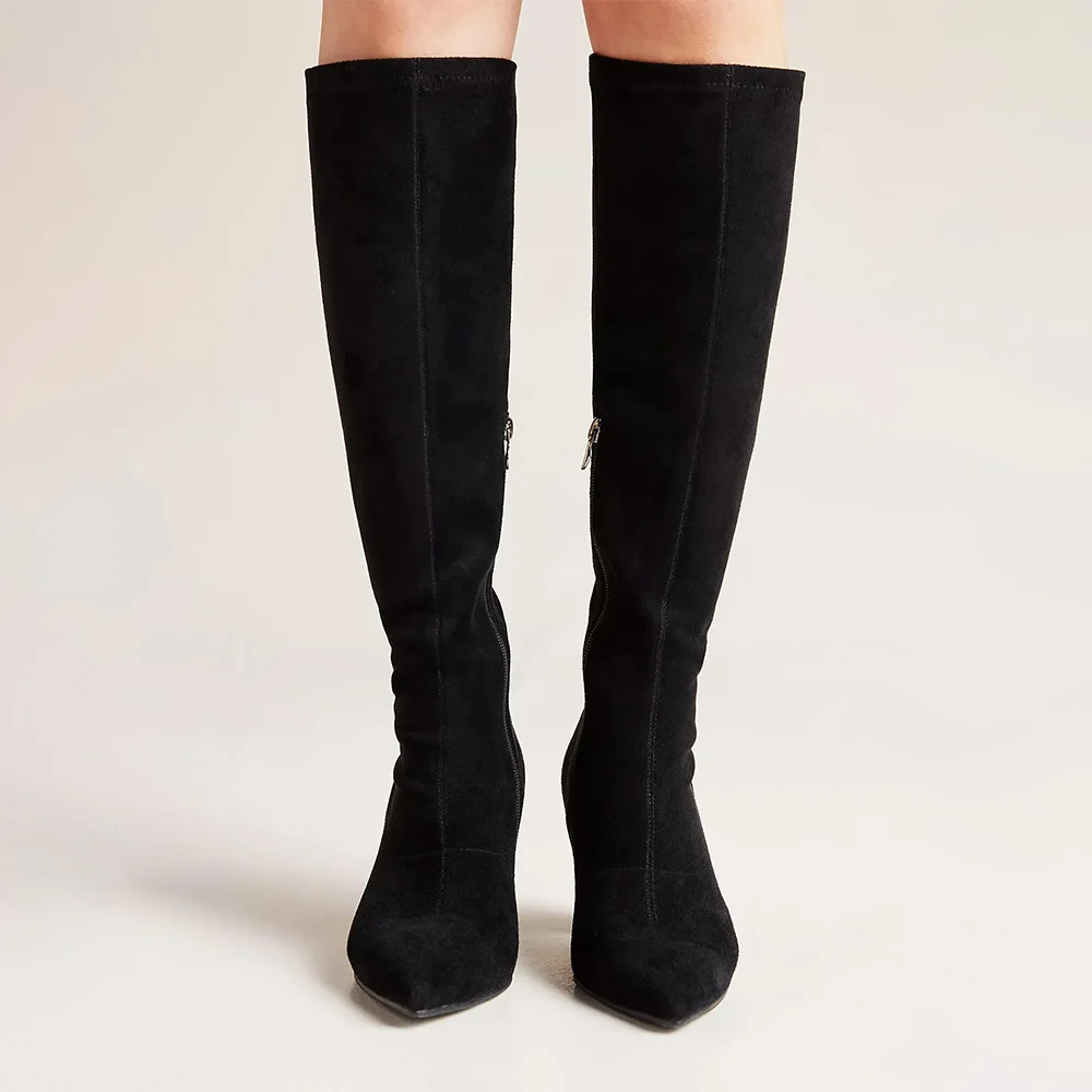 Black Stretch Vegan Suede Pointed Toe Zipper Knee High Boots for Women