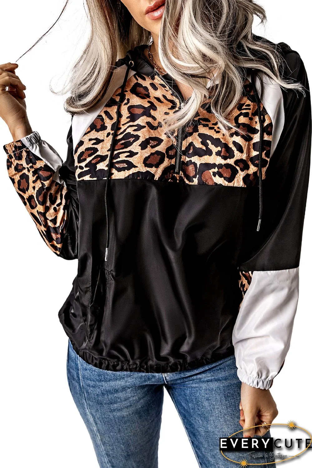 Black Leopard Print Contrast Stitching Hoodie