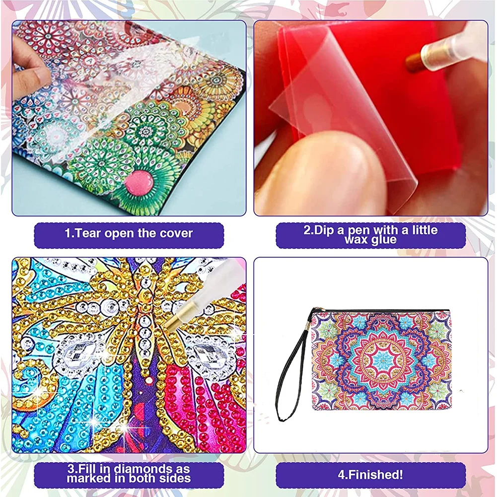 DIY Mandala Diamond Art Cosmetic Bag Flowers Single Sided PU Women Clutch