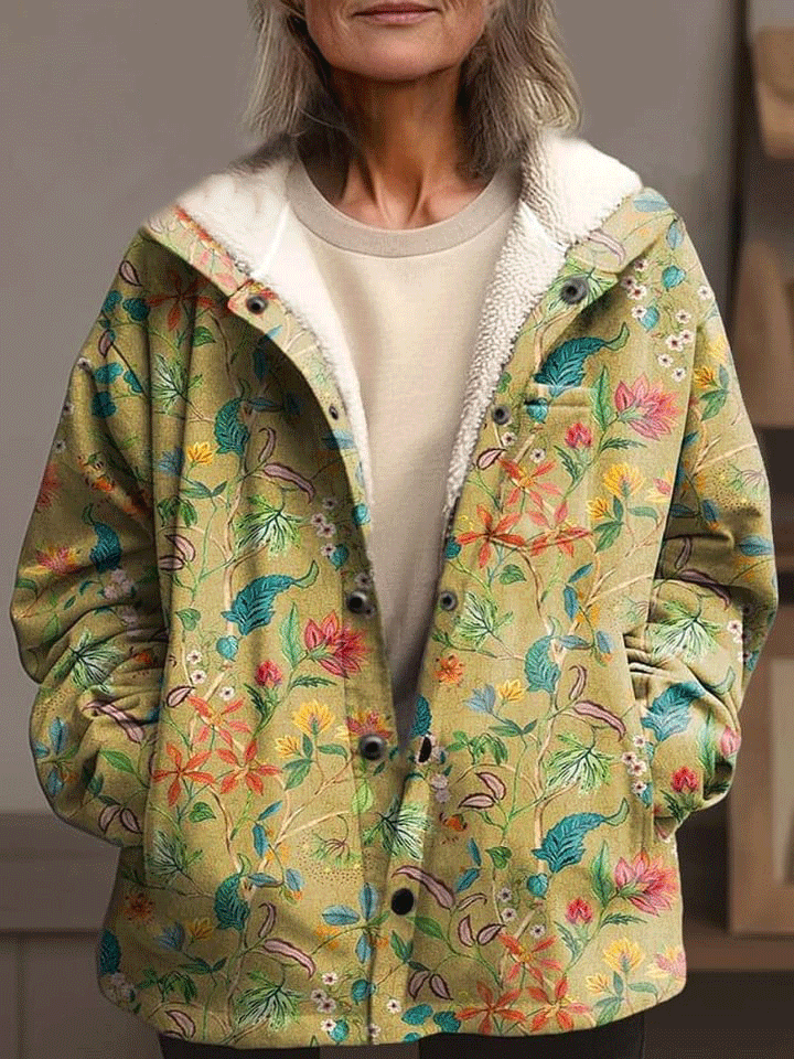 Women's Vintage Lovely Floral Art Print Waffle Plush Thick Long-Sleeved Hooded Coat