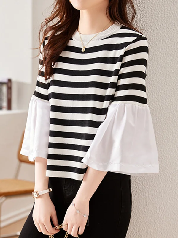 Pleated Split-Joint Striped Flared Sleeves Long Sleeves Round-neck T-Shirts Tops