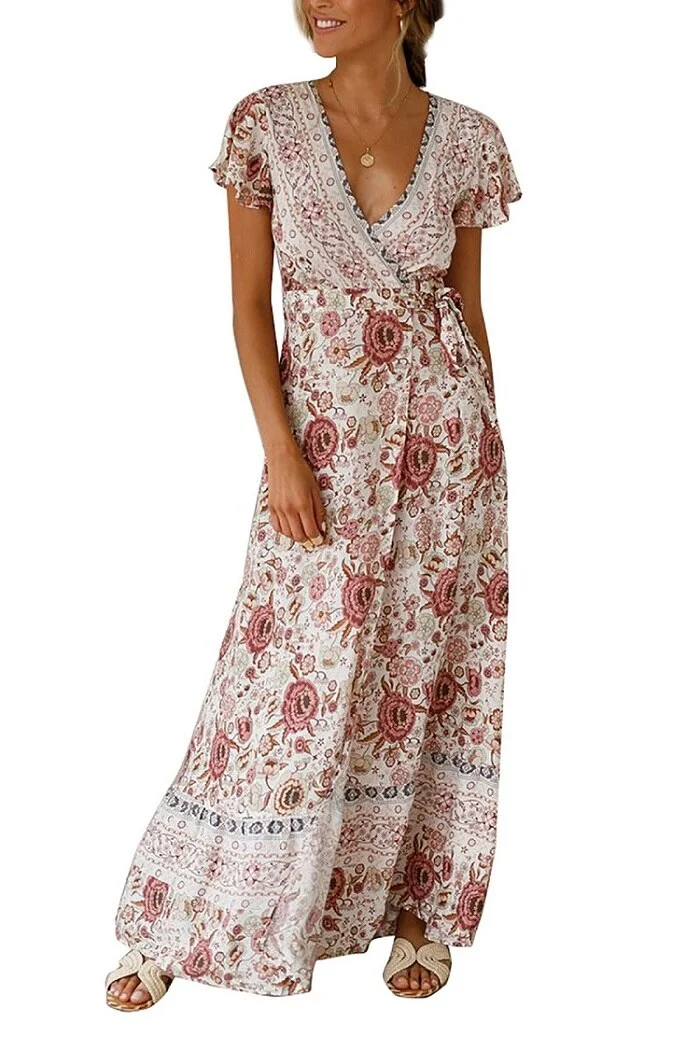 Women Maxi Dress V-neck Wrap Split Boho Dress Summer Floral Print Sashes Long Dress Causal Short Sleeve Beach Sundress Vestidos