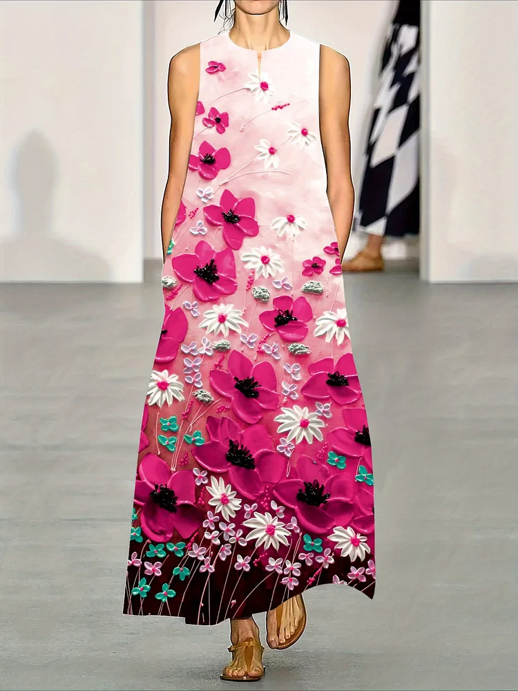 Pink & White Floral Print Women's Sleeveless Maxi Dress | V-Neck, Loose Fit, A-Line Silhouette, Polyester Fabric, Perfect For Summer Beach Outings, Casual Summer Wear