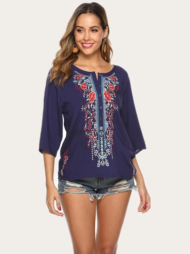 Embroidered Women's Long Sleeve Boho Style Top