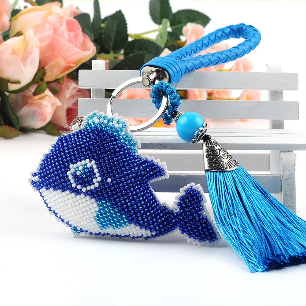 2pcs Mermaid Dolphin - Stamped Bead Embroidery - Keychain