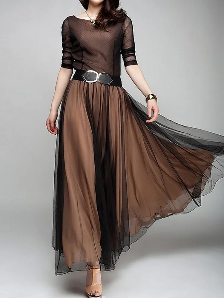 Elegant Plain Boat Neck Flowy Hem Maxi Dress
