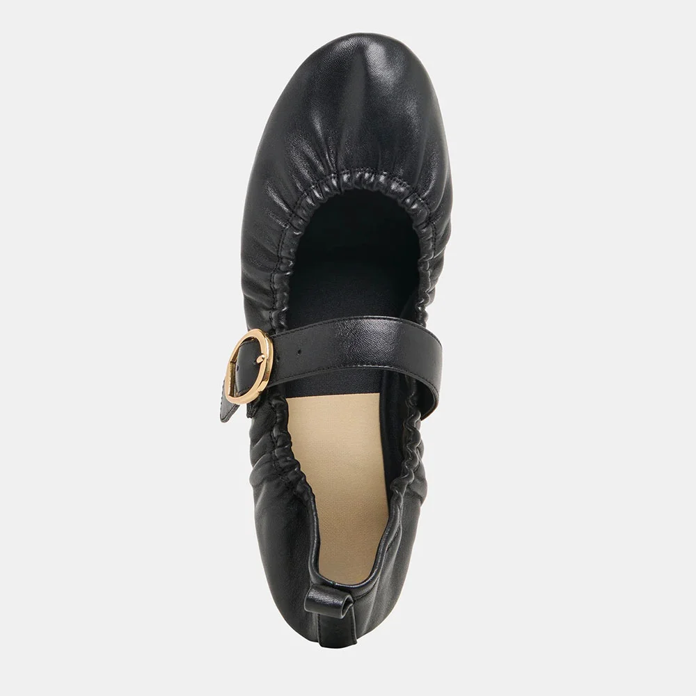 Women's Black Round Toe Flat Buckle Strap Ruched Mary Jane Shoes