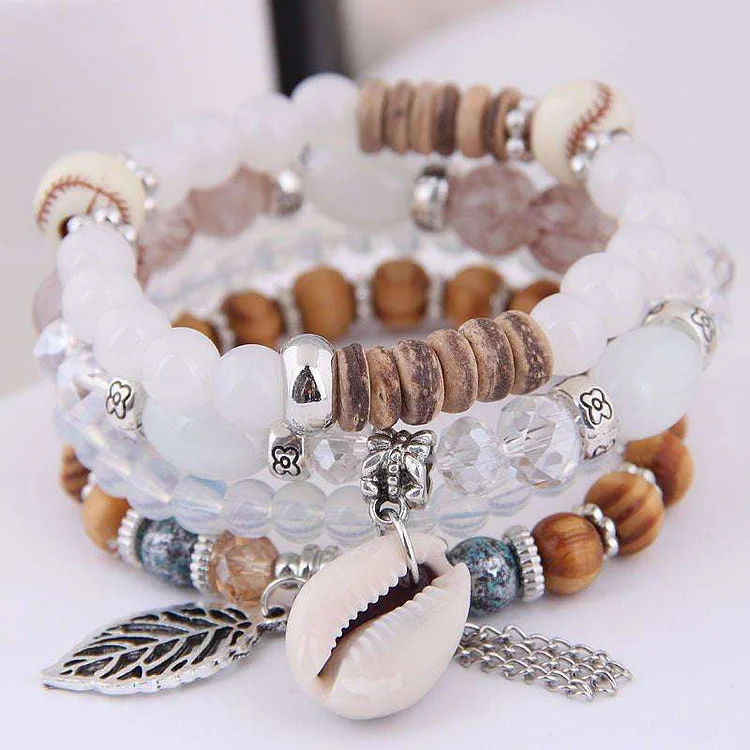 Multicolor Crystal Beads Shell Leaves Tassel Bracelets Gift Elastic Rope Wrap Bracelet