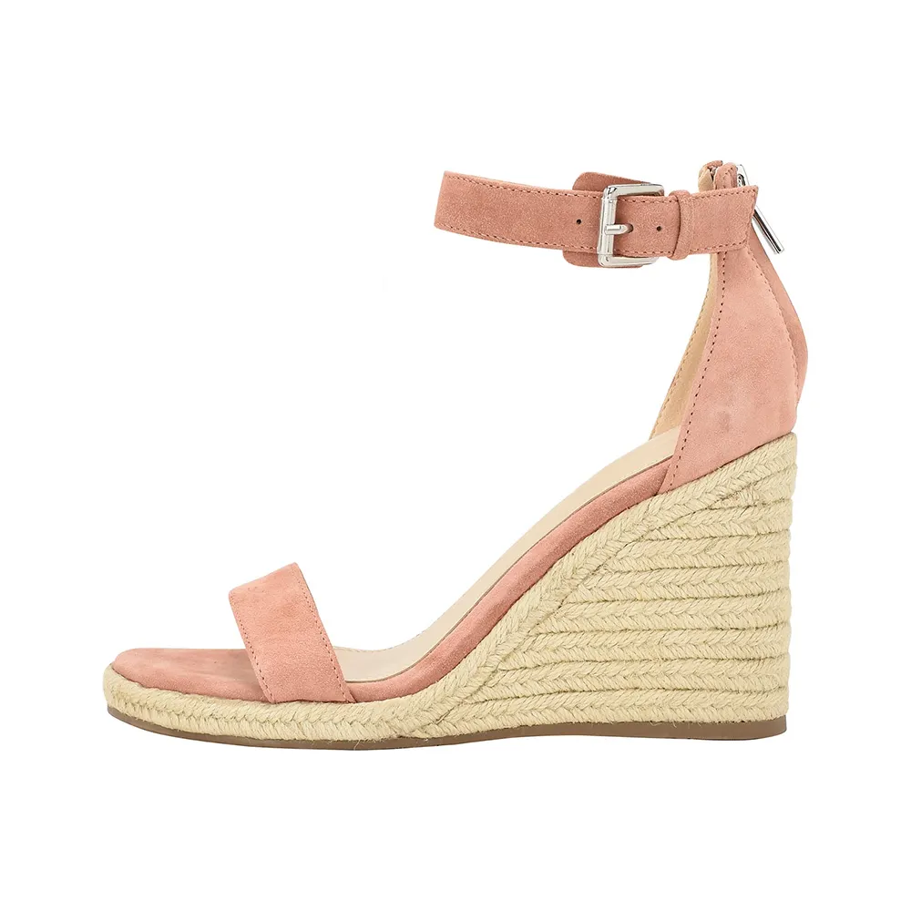Pink Ankle Strap Wedge Heel Vegan Suede Espadrille Sandals with Buckle