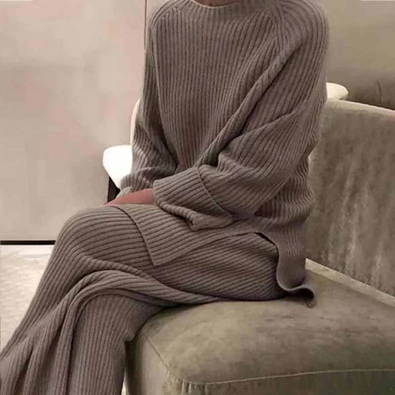 Women's Knitted Set Warm Split Pullover Sweater +wide Leg Pants Female Elegant Suit Two Piece Set 2021 Autumn Winter Knitwear