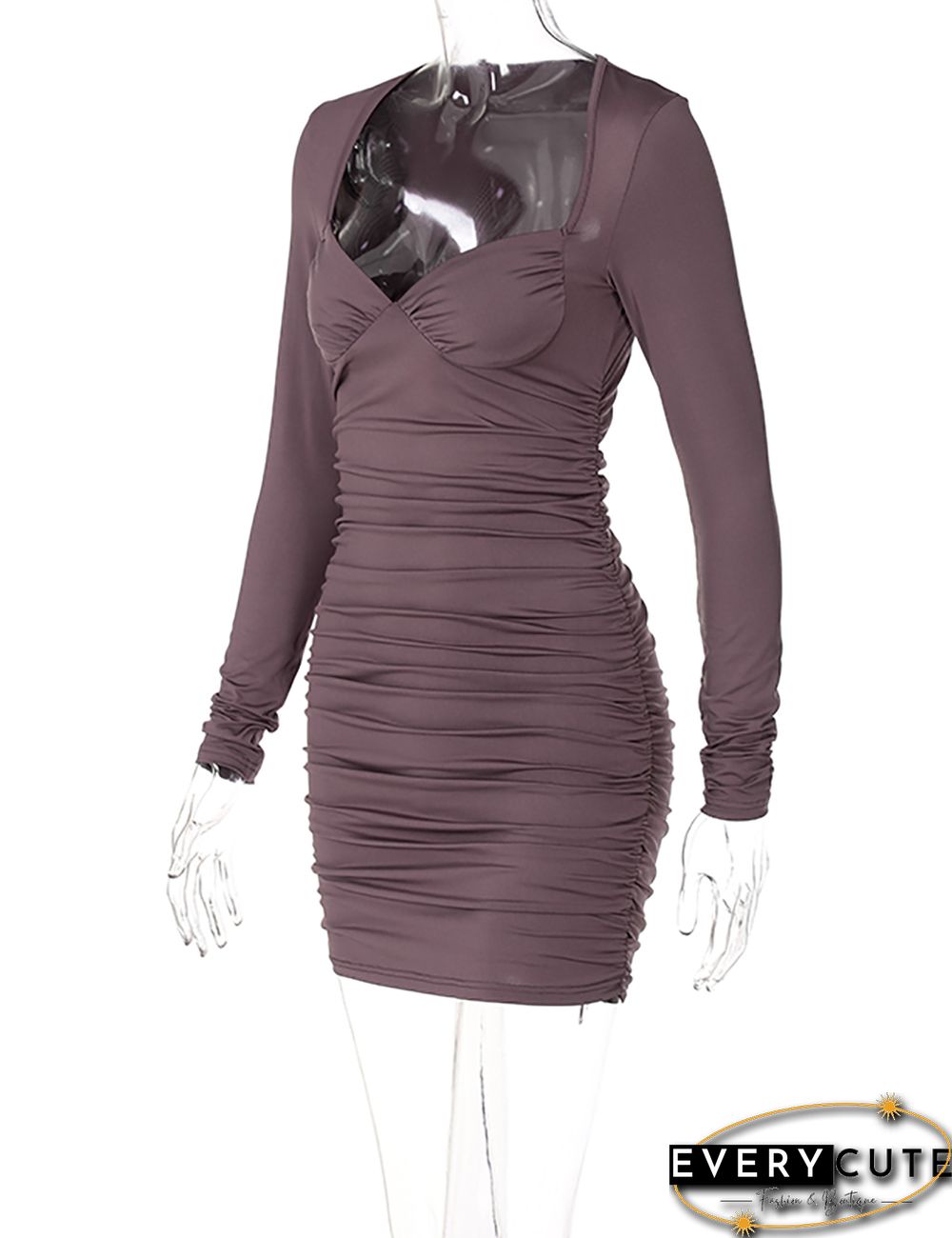 Purple Tube Pleated Long Sleeve Mini Dress