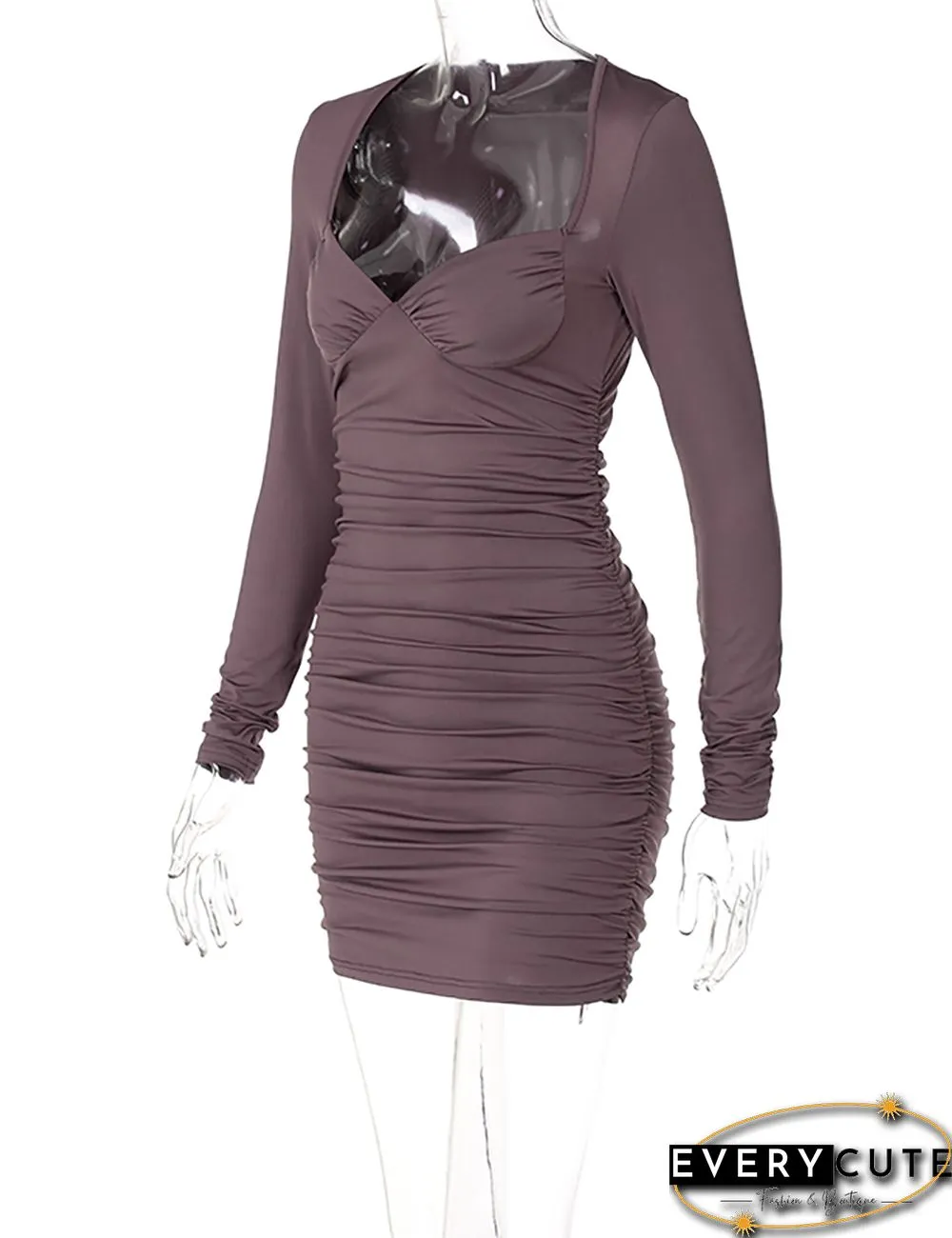 Purple Tube Pleated Long Sleeve Mini Dress
