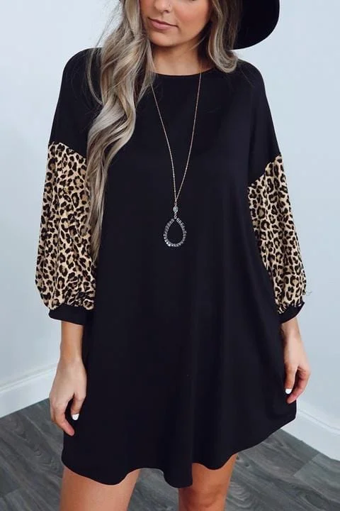 Fashion Leopard Print Splicing Black Dress