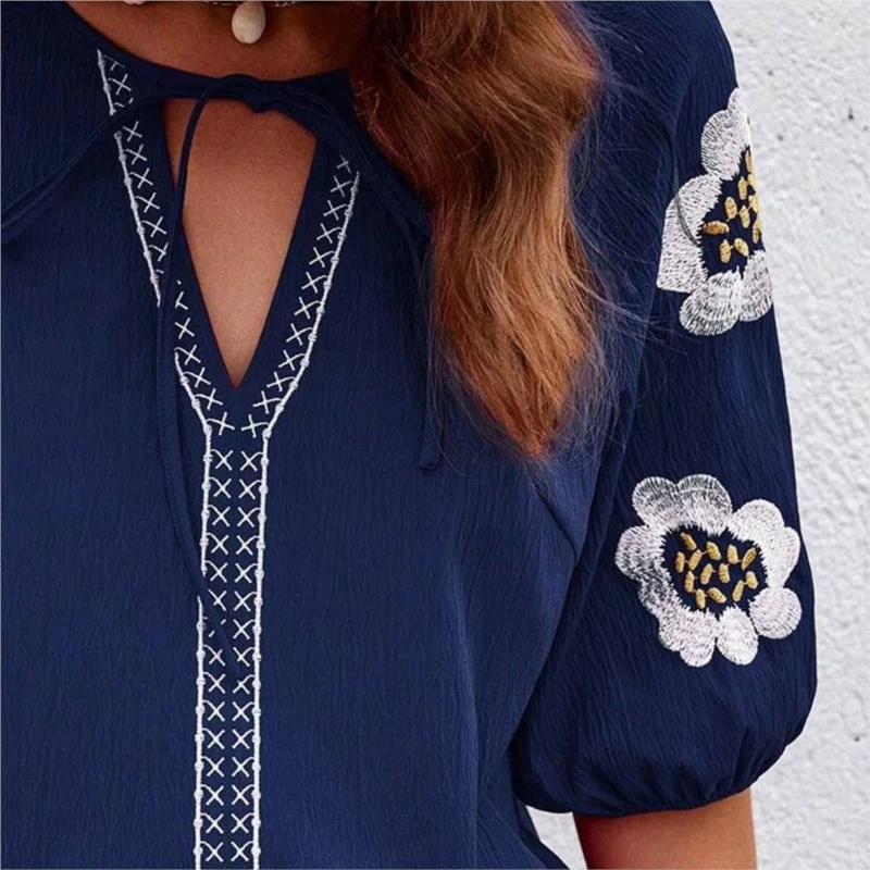 Women's Vintage Boho Design Loose V-Neck Half Sleeve Blouses Shirt