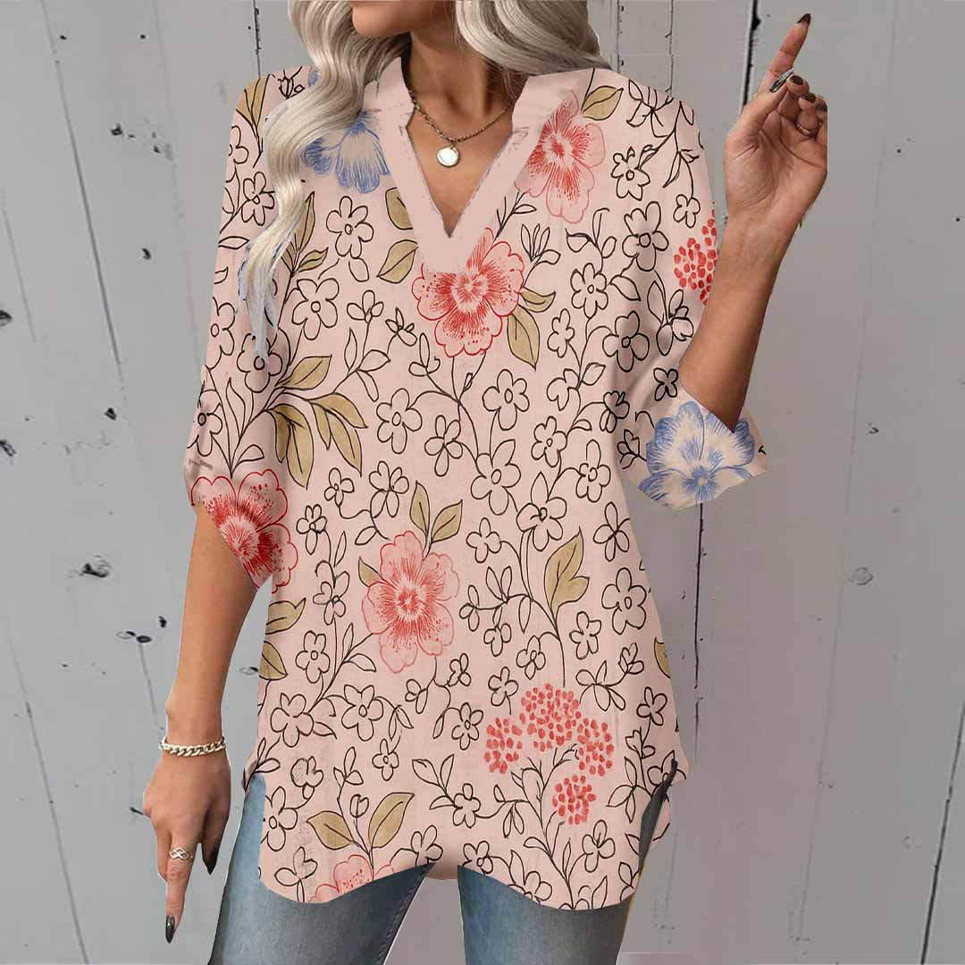 Women Floral,Red,Pink DZGA0252 3/4 Sleeve V-neck Printed Graphic Button Tops