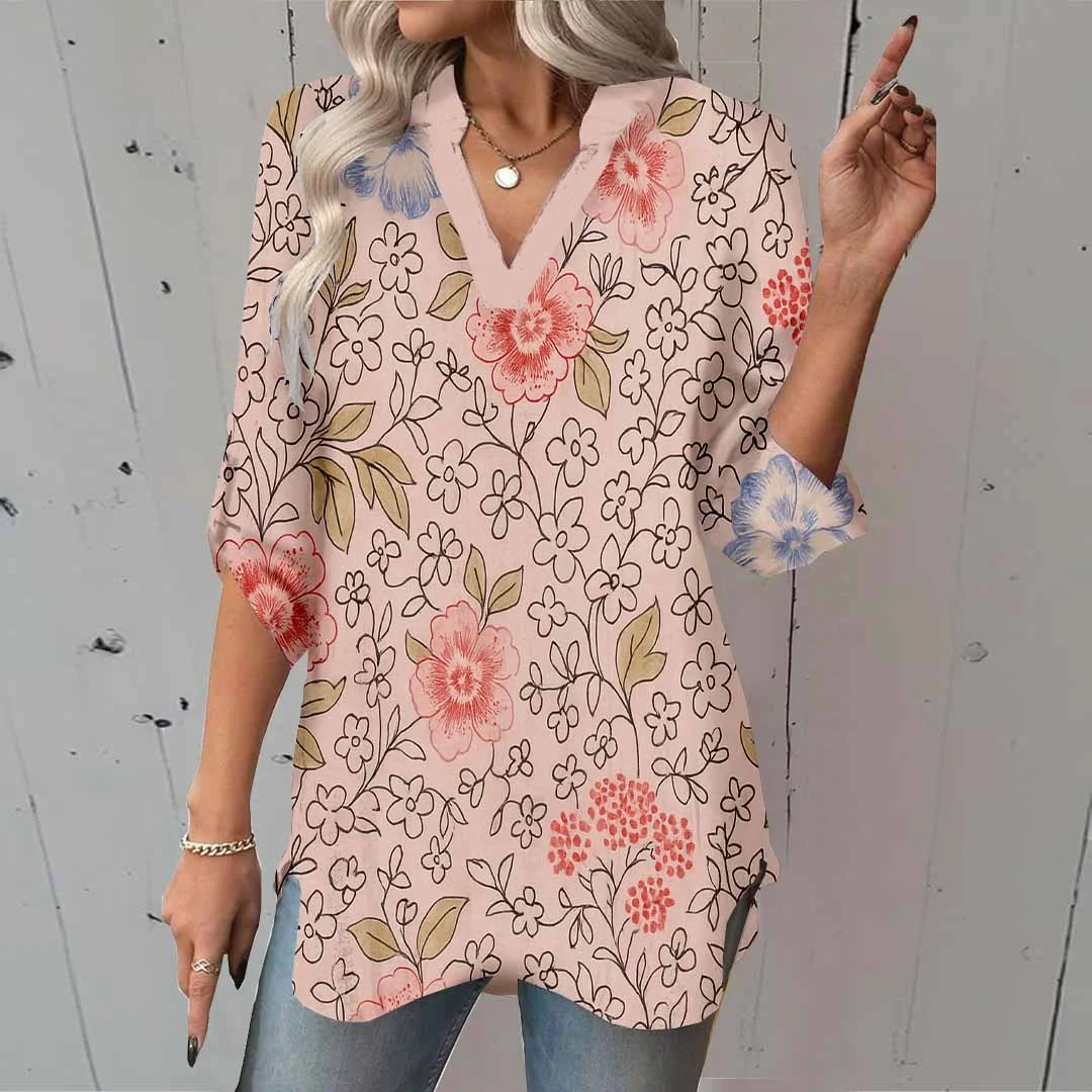 Women Floral,Red,Pink DZGA0252 3/4 Sleeve V-neck Printed Graphic Button Tops