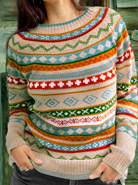 Color-Block Crew Neck Long Sleeve Geometric Sweater