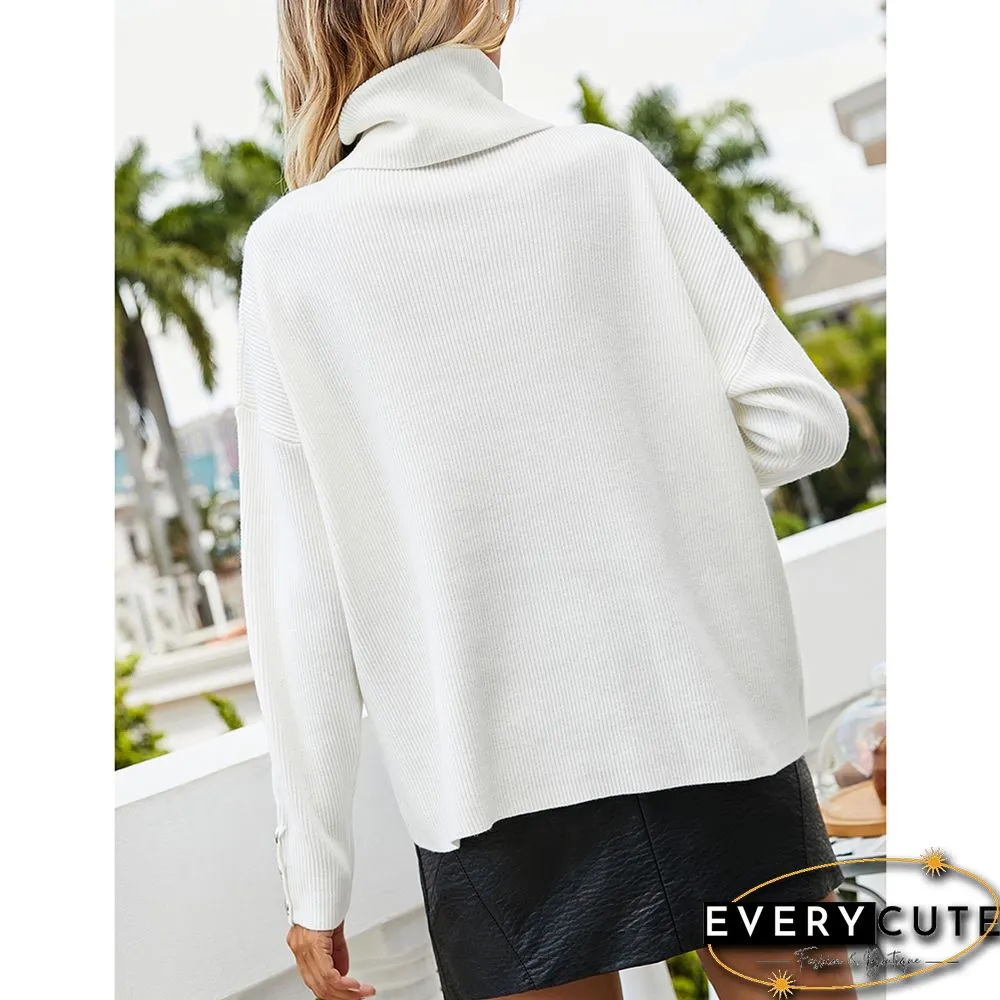 White Turtleneck Button Cuff Long Sleeve Knit Sweater