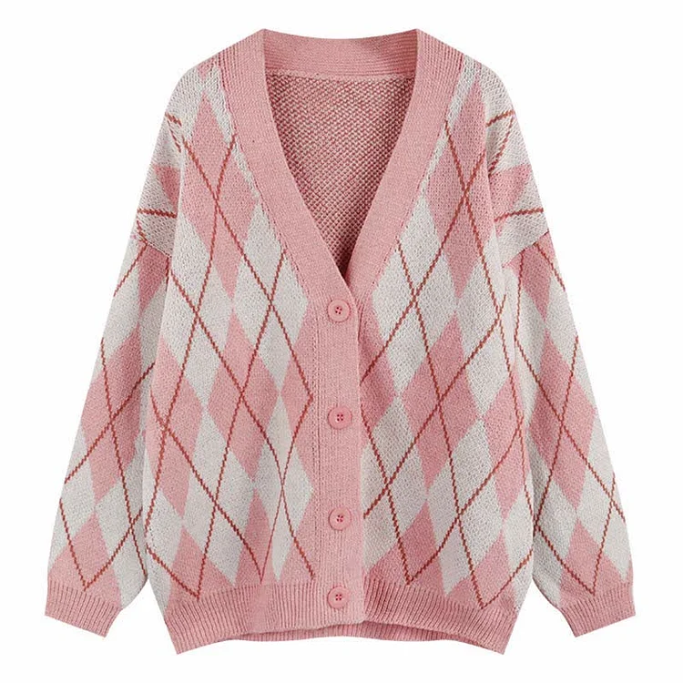 Colorblock Rhombus Pattern Print V-neck Cardigan Sweater - Modakawa Modakawa